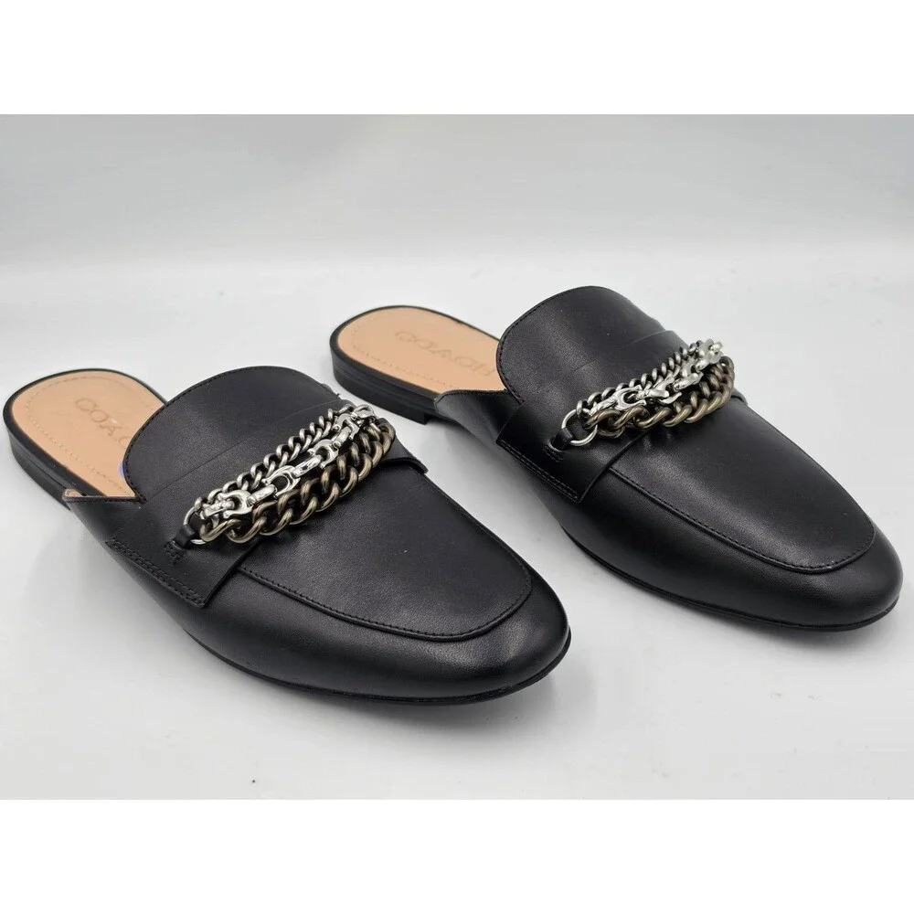 Coach Faye Loafer Chain Black Leather Mules Shoes Size 8.5 - Picture 4 of 6